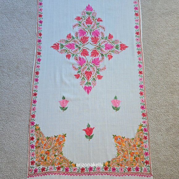 Wool Scarf with Chain Stitch Embroidery Shawl Wrap Floral - Picture 8 of 15